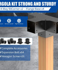 Heavy Duty Pergola Brackets For 4x4 Lumber, Black Powder Coated Steel 4 Way Kit installed on wooden post.