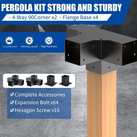 Heavy Duty Pergola Brackets For 4x4 Lumber, Black Powder Coated Steel 4 Way Kit installed on wooden post.