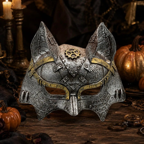Rad Steampunk Fox Half Mask With Retro Gears And Rivets For Halloween Costume Party, unique silver metal design with intricate details.