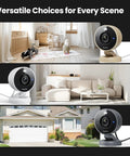2K Indoor Outdoor Security Camera With Color Night Vision in different home settings, showcasing AI detection and magnetic mount.