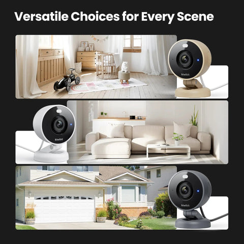 2K Indoor Outdoor Security Camera With Color Night Vision in different home settings, showcasing AI detection and magnetic mount.