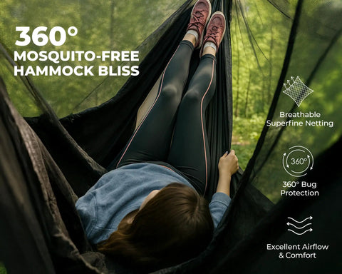 Person relaxing in 12ft Lightweight Hammock Bug Net for Camping, Easy Setup, Ultra Breathable 360 Degree Coverage, outdoors scene.