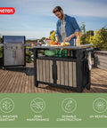 Wood Look Outdoor Entertainment Cart With 78 Gallon Storage, Stainless Steel Top For BBQ Prep, in use on a sunny patio.