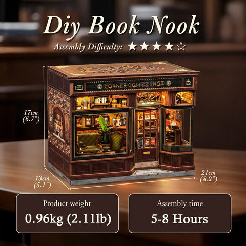 DIY Book Nook Kit For Adults And Teens 3D Wooden Miniature Dollhouse Puzzle With LED Light Tiny House Model Corner Café Scene