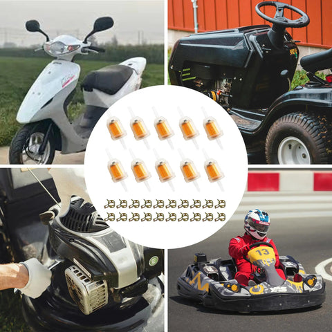 Inline Fuel Filter With Magnet For One Quarter And Five Sixteenth Inch Fuel Lines shown with scooter, lawn mower, tiller, go-kart images