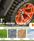 12-inch off-road tire with aluminum alloy hub suitable for varied terrains; features rugged tread for Slick Electric Golf Cart Built With A Beefy 48V 5KW AC Motor And Workhorse 100Ah Battery Cruises Smoothly At 16 MPH Perfect For Fairway Joyrides And Neighborhood Hangouts With Solid IP67 Protection.