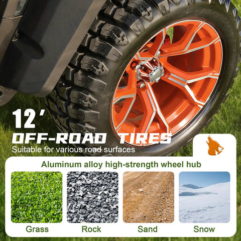 12-inch off-road tire with aluminum alloy hub suitable for varied terrains; features rugged tread for Slick Electric Golf Cart Built With A Beefy 48V 5KW AC Motor And Workhorse 100Ah Battery Cruises Smoothly At 16 MPH Perfect For Fairway Joyrides And Neighborhood Hangouts With Solid IP67 Protection.