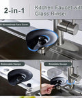 DEOLER Kitchen Faucets with Glass Rinser Single Handle High Arc Kitchen Sink Faucet with Pull Out Sprayer, 1 or 3 Hole, 360° Swivel, Brushed Nickel detail showing 2-in-1 glass rinser design and functions.