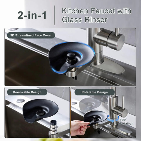 DEOLER Kitchen Faucets with Glass Rinser Single Handle High Arc Kitchen Sink Faucet with Pull Out Sprayer, 1 or 3 Hole, 360° Swivel, Brushed Nickel detail showing 2-in-1 glass rinser design and functions.