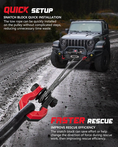 Heavy Duty D Ring Shackle Set With Snatch Block Pulley Two Pack Three Quarter Inch Shackles For Tow Winch And Off Road Recovery Pulley For Truck ATV UTV Beefy Black Red Finish Ready For Any Terrain, red snatch block on winch rope to Jeep on muddy trail