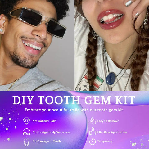 Diy Tooth Gem Kit With Safe Crystals, Teeth Gem Set For Fashionable Smiles, showcasing gem application on smiling individuals.