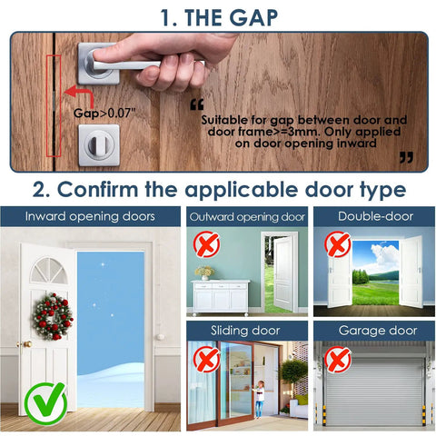 Installation guide showing fit for Travel Safe Portable Door Lock For Hotels And Rentals Universal L Shaped Door Lock Latch