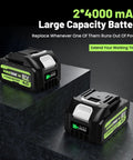 Heavy Duty Cordless Impact Wrench Delivers 1000 Nm Torque And 738 ft-lbs battery pack with two 4000 mAh lithium batteries.