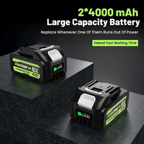 Heavy Duty Cordless Impact Wrench Delivers 1000 Nm Torque And 738 ft-lbs battery pack with two 4000 mAh lithium batteries.