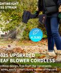Person using Dual 21V Cordless Leaf Blower to clear leaves in a yard, highlighting its lightweight design and cordless convenience.