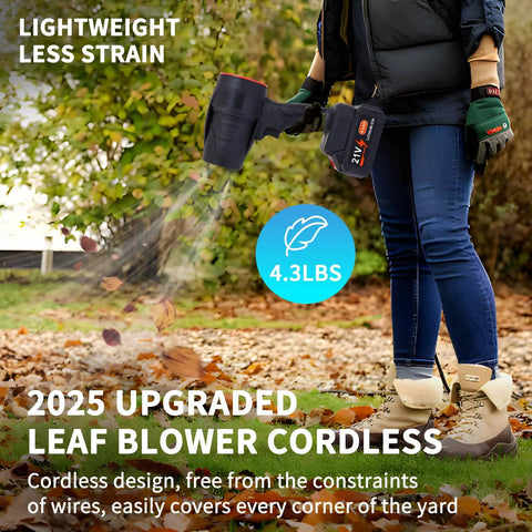 Person using Dual 21V Cordless Leaf Blower to clear leaves in a yard, highlighting its lightweight design and cordless convenience.