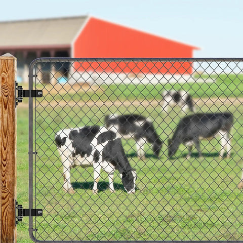 Heavy Duty Gate Hinges For Chain Link Fences Tough As Nails Carbon Steel With Electroplated Rust Resistant Finish Fits 2 3 8 Inch Posts For Farm Yard Gates Real Deal Installation Two Pack Black on a gate with grazing cows.