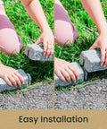 Greystone Faux Stone Landscape Edging Kit installation for lawn and garden borders, hands positioning faux stone sections on grass edge