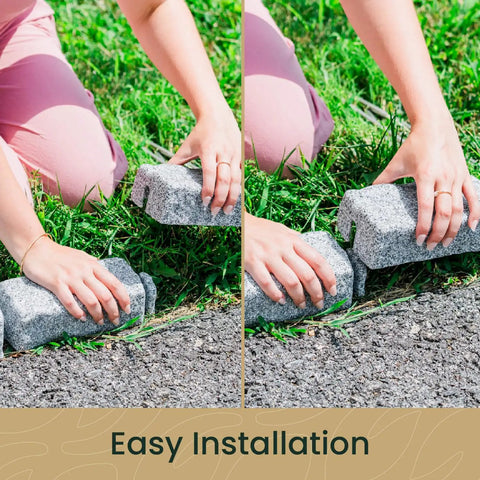 Greystone Faux Stone Landscape Edging Kit installation for lawn and garden borders, hands positioning faux stone sections on grass edge
