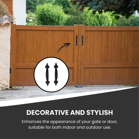 10 Inch Ornamental Gate Handle Built Tough Decorative Pull For Gates Barn Doors Fences Sheds Garages Closets Pantries Sliding Doors Indoor Outdoor Use Black Powder Coated Finish installed on wooden gate