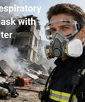 Pro Grade Reusable Half Face Respirator Kit With Anti Fog Safety Glasses And Filters For Dust Paint And Sanding in use outdoors