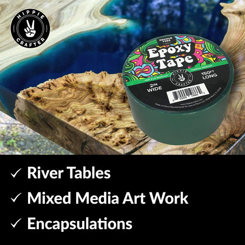 Roll of green epoxy tape on finished river table with Resin Tape For Epoxy Molding And Mold Release No Mess Easy Peel UV Resistant