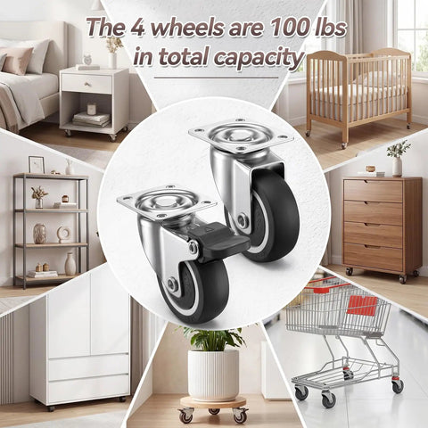 Heavy Duty One Inch Low Profile Caster Wheels With Brakes Quiet As A Mouse Soft Rubber Swivel Casters For Furniture And Rolling Carts Glides Smooth As Butter Includes All Necessary Mounting Hardware displayed in a home setting.