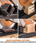 14 Inch Chop Saw For Do It All Materials With One Blade Cuts Metal Plastic Wood And More Miter Up To 45 Degrees Includes TCT Blade For Nails And Steel cutting wood, metal, and composite decking