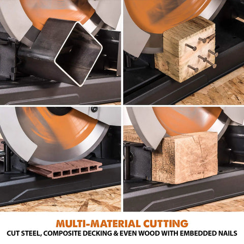 14 Inch Chop Saw For Do It All Materials With One Blade Cuts Metal Plastic Wood And More Miter Up To 45 Degrees Includes TCT Blade For Nails And Steel cutting wood, metal, and composite decking