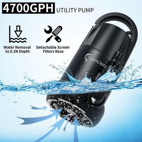 Heavy Duty 1 HP Submersible Sump Pump With 4700 GPH Flow, Thermoplastic Portable Utility Pump submerged with water jets