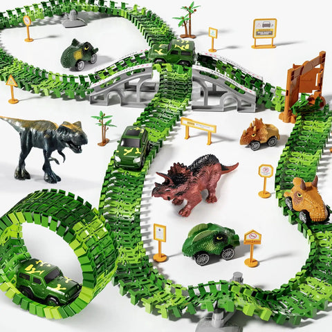Epic Race Track Dino Adventure Kit With Flexible Tracks 2 Electric Cars And 4 Dino Cars DIY Train Set For Kids Aged 3 To 7