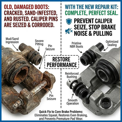 Comparison of old damaged brake caliper boots with new Dustproof Rubber Caliper Pin Bushing Kit For Disc Brakes With Seals Caliper Slide Pin Boots Keeps Noise Down And Dampens Vibration Rebuild Replacement Compatible With Jeep Cadillac Toyota Lexus.