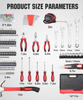 75-Piece Home Tools Kit With Plastic Toolbox Storage Case And Integrated Standing Tool Rack arranged with sizes labeled