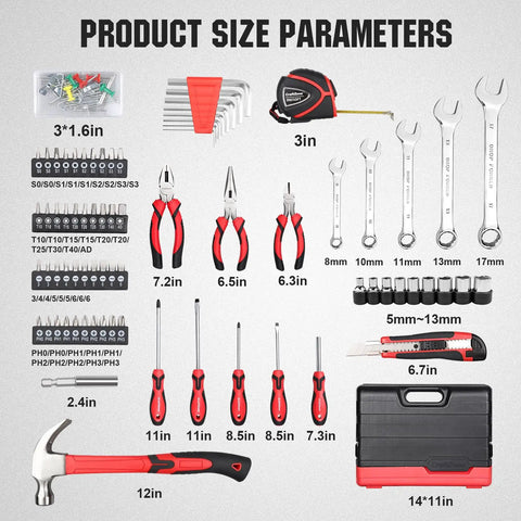 75-Piece Home Tools Kit With Plastic Toolbox Storage Case And Integrated Standing Tool Rack arranged with sizes labeled