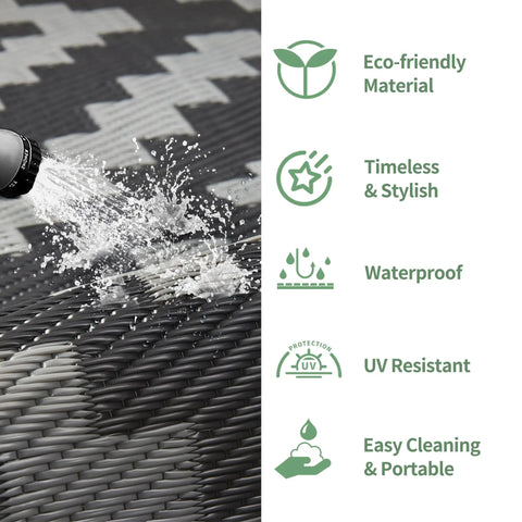 Durable 5x8 Outdoor Rug For Patio And RV Use, Waterproof Reversible Plastic Mat Being Hosed Down, Eco-friendly Design Highlights