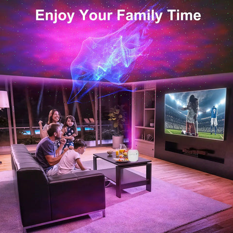 Family enjoying Galaxy Light Projector With 3D Aurora, Dope Night Light For Kids Room, Remote Control, starry sky projection.