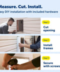 Installation guide for Heavy Duty Wall Entry Dog Door With Telescoping Frame showing cutting, fitting, and securing steps.