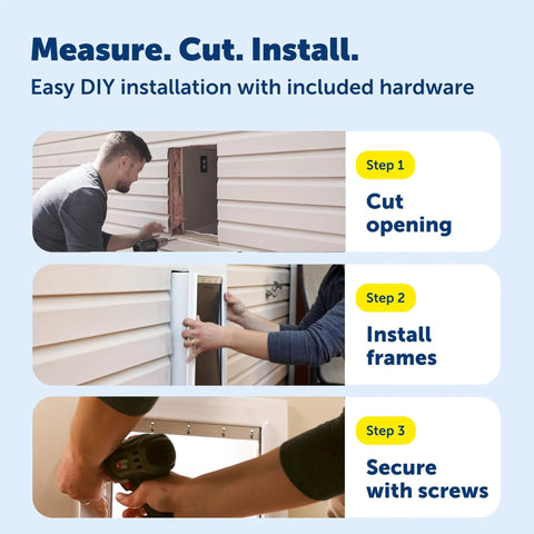 Installation guide for Heavy Duty Wall Entry Dog Door With Telescoping Frame showing cutting, fitting, and securing steps.