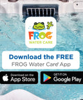 Premium Water Test Strips For Hot Tubs And Swim Spas Straight Up Smart Chlor Balancing Formula No Sweat Backyard Spa Care Kit Effortless Water Quality Checker With 60 Count Sheets displayed with FROG Water Care app download options over a pool.