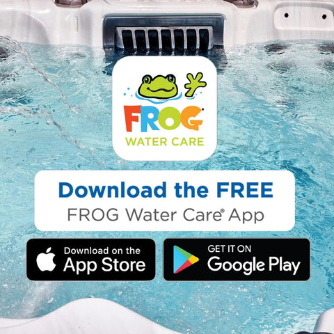 Premium Water Test Strips For Hot Tubs And Swim Spas Straight Up Smart Chlor Balancing Formula No Sweat Backyard Spa Care Kit Effortless Water Quality Checker With 60 Count Sheets displayed with FROG Water Care app download options over a pool.