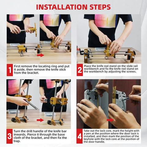 Installation steps for No Sweat Door Lock Installation Kit Featuring Hella Tough Tungsten Steel Cutters and Razor Sharp Chisel.