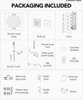 Packaging contents for Premium 20 Inch Bathroom Shower System With Built In Bluetooth Speaker And 64 Color Led Mood Lights Brushed Gold.