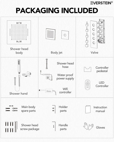 Packaging contents for Premium 20 Inch Bathroom Shower System With Built In Bluetooth Speaker And 64 Color Led Mood Lights Brushed Gold.