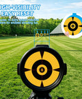 Beefy 3/8 Inch Auto Reset Spinner Target For Centerfire Handguns Up To.44 Magnum outdoor range view with yellow targets