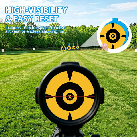 Beefy 3/8 Inch Auto Reset Spinner Target For Centerfire Handguns Up To.44 Magnum outdoor range view with yellow targets