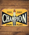 Kickass Vintage Metal Tin Signs Set Of Six Retro Garage Wall Decor Featuring Distressed Oil And Gas Station Prints For Awesome Man Cave Badass Automotive Wall Art, Champion spark plugs sign.