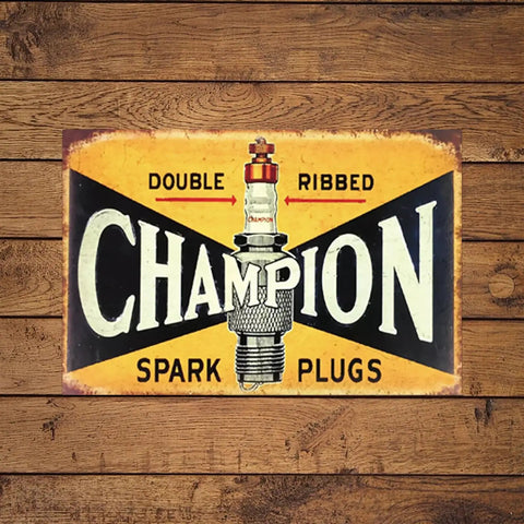 Kickass Vintage Metal Tin Signs Set Of Six Retro Garage Wall Decor Featuring Distressed Oil And Gas Station Prints For Awesome Man Cave Badass Automotive Wall Art, Champion spark plugs sign.