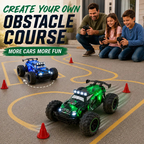Kids playing with Dope 2.4GHz 1:18 RC Car For Beginners With LED Lights, 2-Speed Remote Control Truck on driveway obstacle course