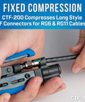 Hands using CTF-200 tool on coax cable, part of 8 Piece Coax Cable Tool Kit With Fixed Compression F Connectors For RG6 RG11 And More