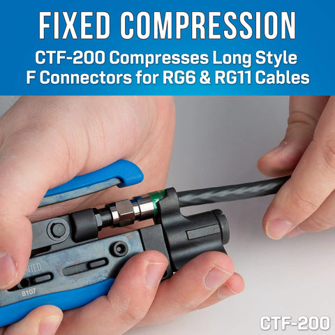 Hands using CTF-200 tool on coax cable, part of 8 Piece Coax Cable Tool Kit With Fixed Compression F Connectors For RG6 RG11 And More